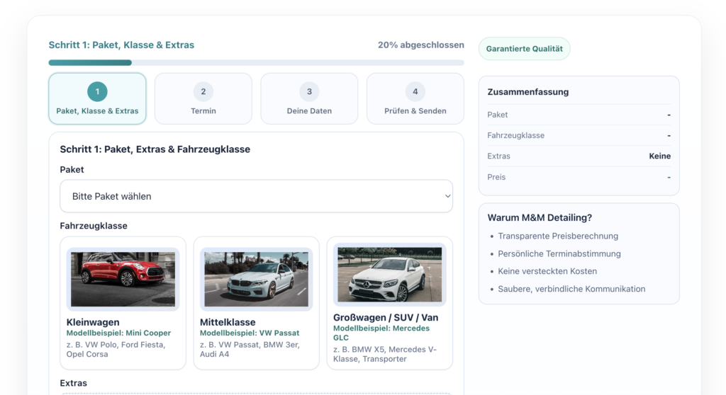Screenshot des Online-Buchungsformulars von M&M Detailing für die Autoaufbereitung in Bielefeld